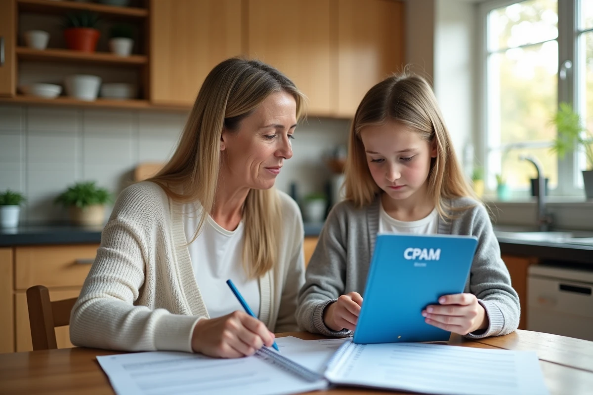 Femme et fille examinant des papiers officiels à la maison