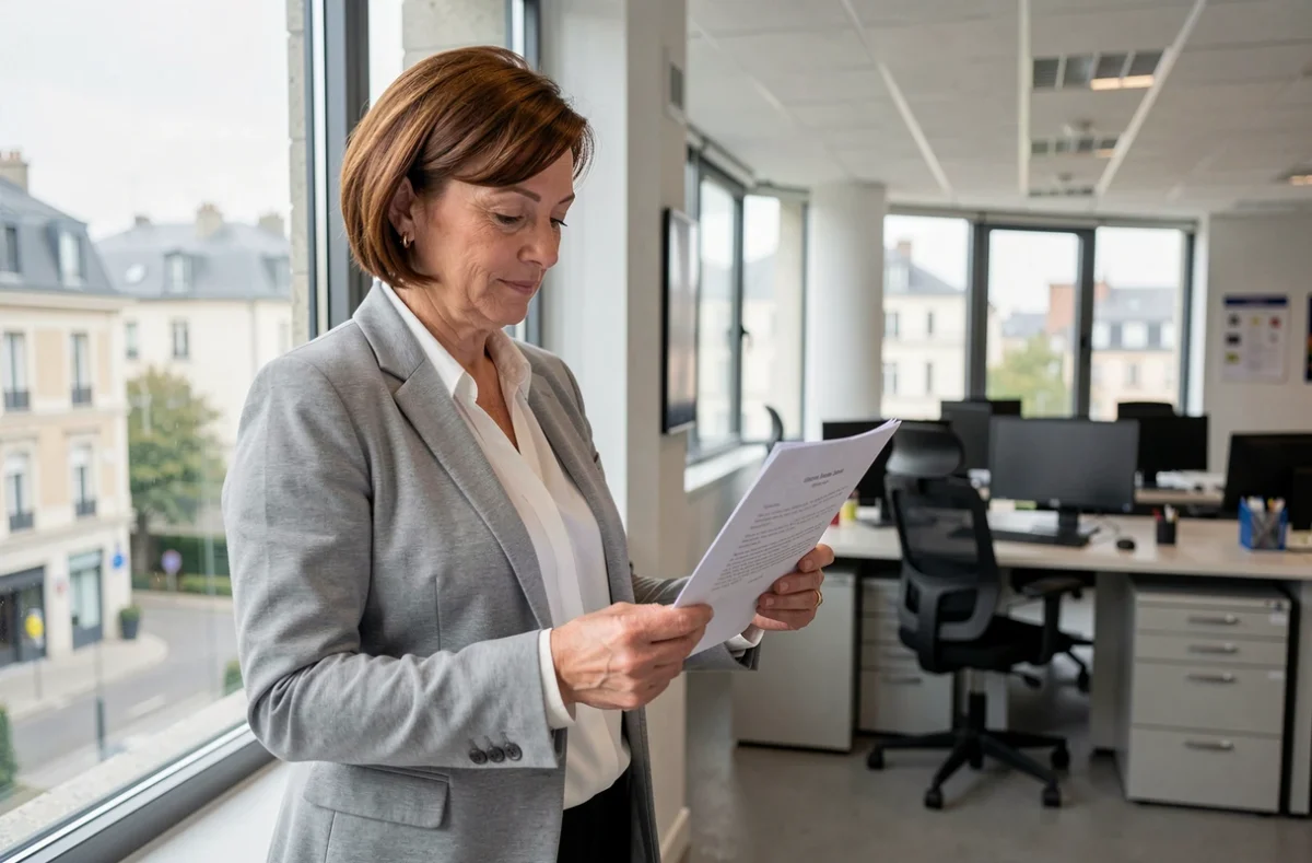 Femme fonctionnaire tenant sa lettre de départ à la retraite dans un bureau de la fonction publique