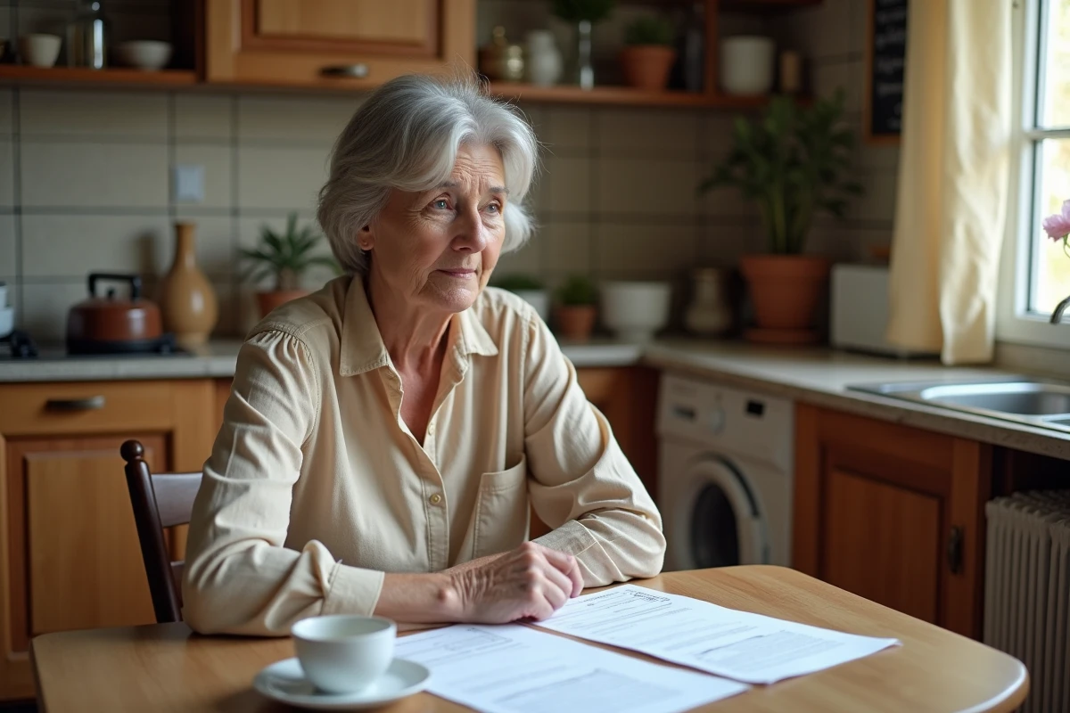 Femme ancienne gendarme retraitée calculant sa pension après 30 ans de service à la maison