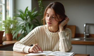 Jeune femme lit un livre d'horoscope dans une cuisine chaleureuse