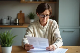 Femme d'âge moyen lisant des papiers dans la cuisine