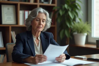 Femme d'âge moyen lisant une lettre dans un bureau à domicile