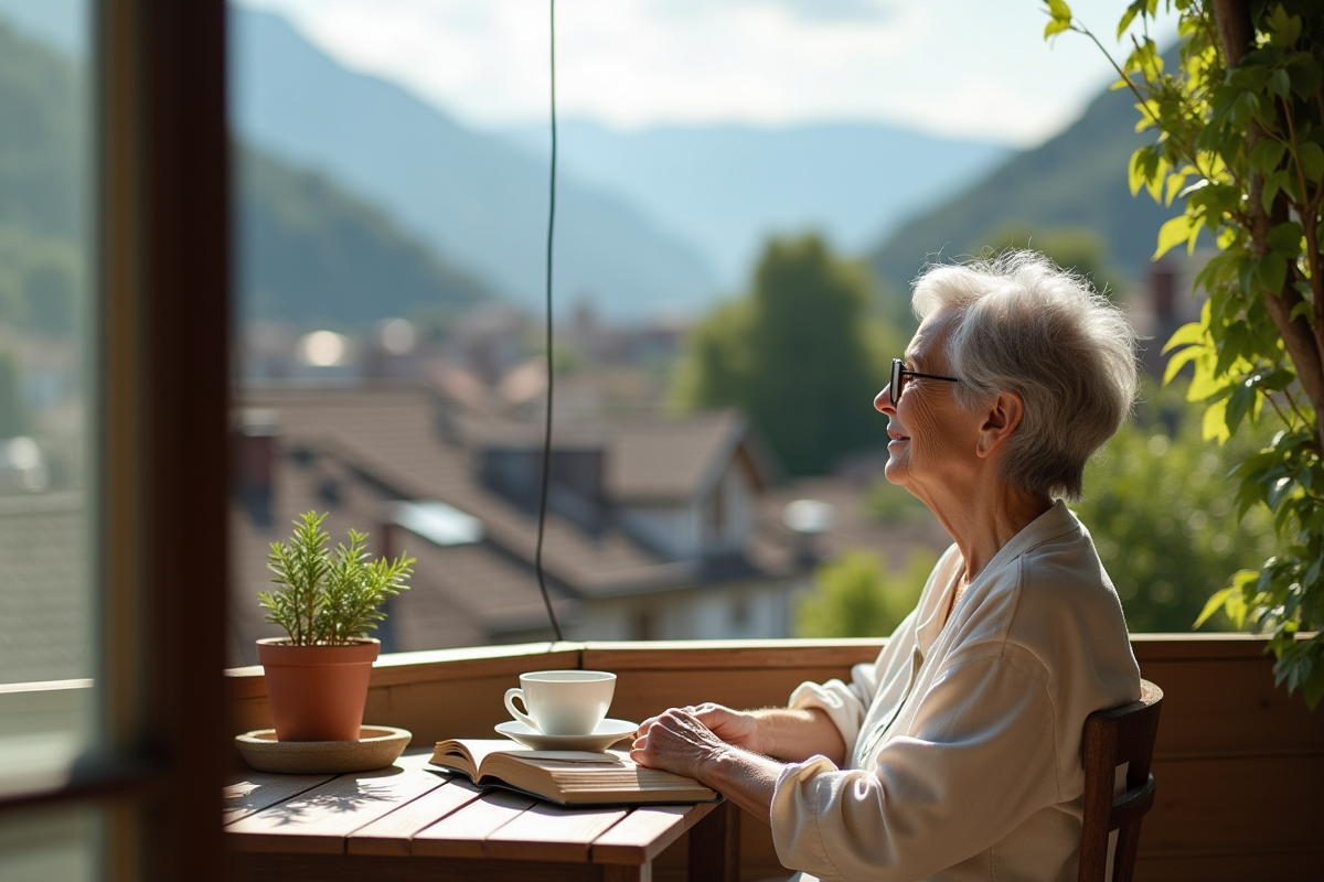 Femme retire lisant un livre sur un balcon en ville