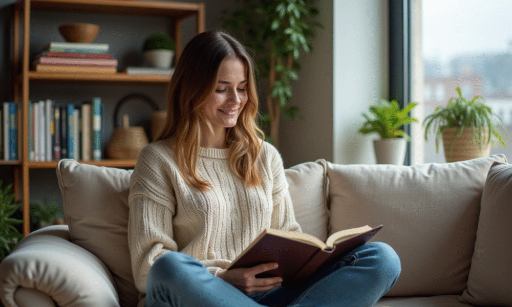 Jeune femme lisant confortablement dans un salon chaleureux