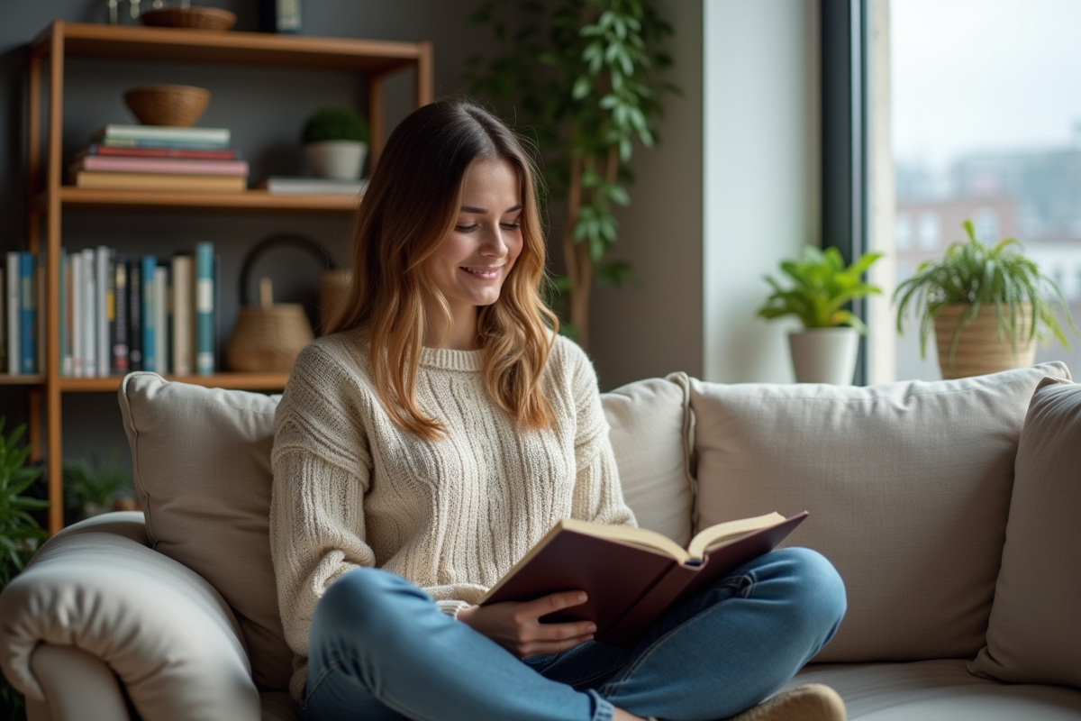 Jeune femme lisant confortablement dans un salon chaleureux