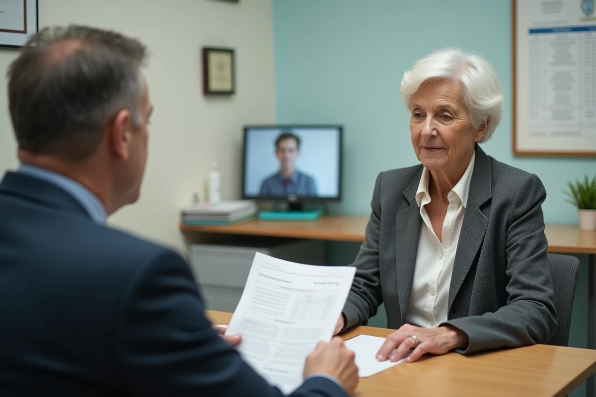 Médecin retraitée en consultation remettant une ordonnance à un patient