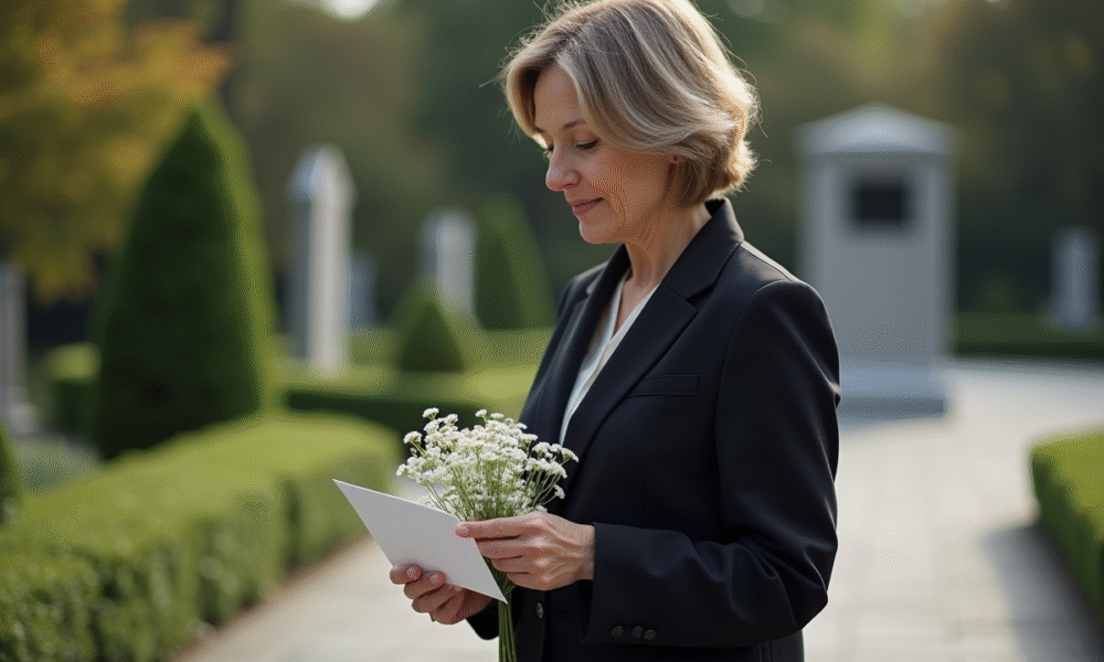 Femme d'âge moyen dans un jardin de mémoire avec une carte et fleurs