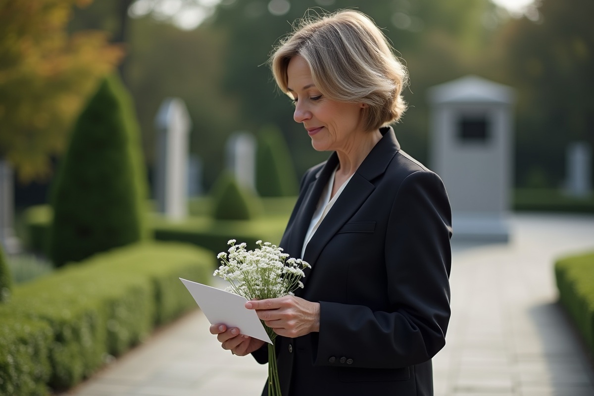 Femme d'âge moyen dans un jardin de mémoire avec une carte et fleurs