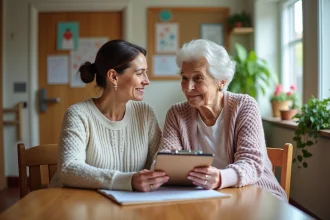 Femme et mère âgée dans un accueil chaleureux de maison de retraite