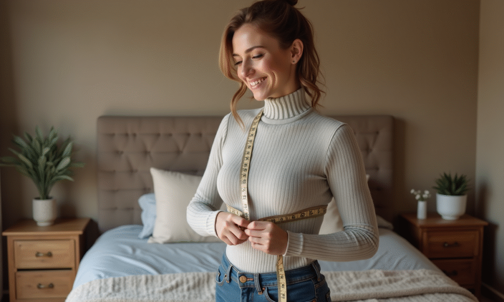 Femme mesurant sa poitrine avec un mètre dans une chambre chaleureuse