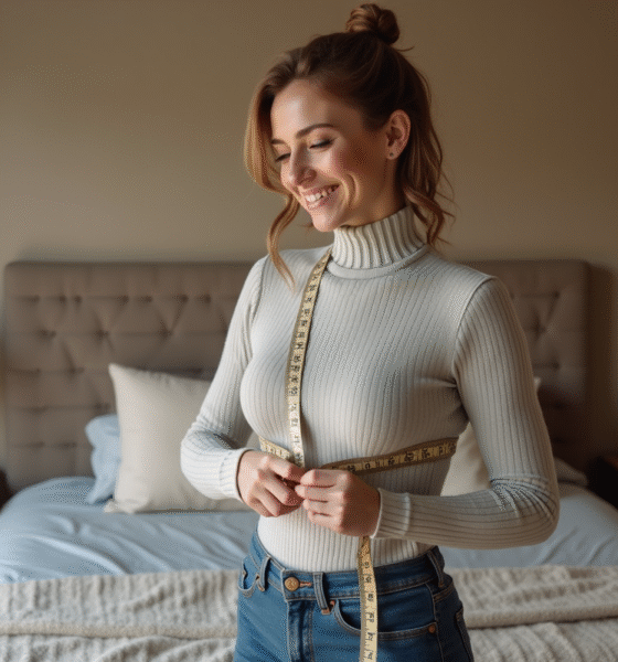 Femme mesurant sa poitrine avec un mètre dans une chambre chaleureuse