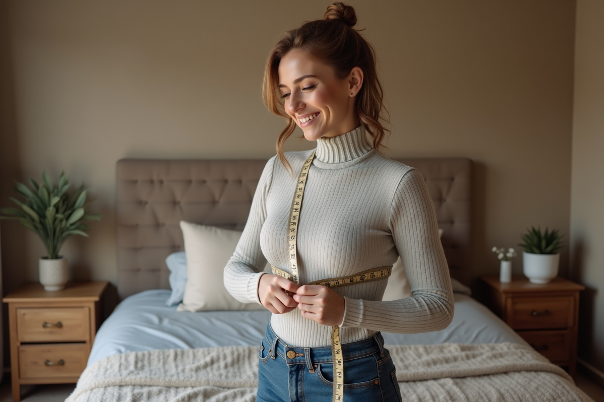 Femme mesurant sa poitrine avec un mètre dans une chambre chaleureuse