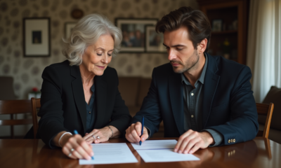 Femme d'âge moyen et son fils lisant des documents ensemble