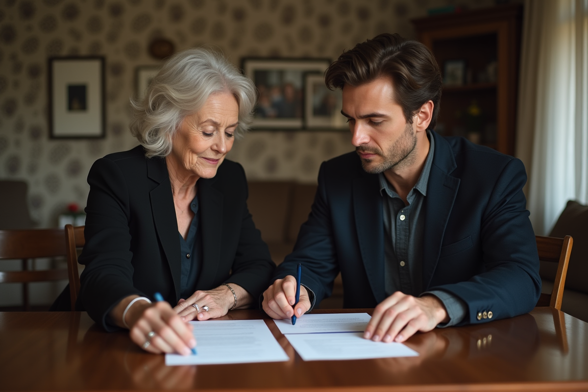 Femme d'âge moyen et son fils lisant des documents ensemble