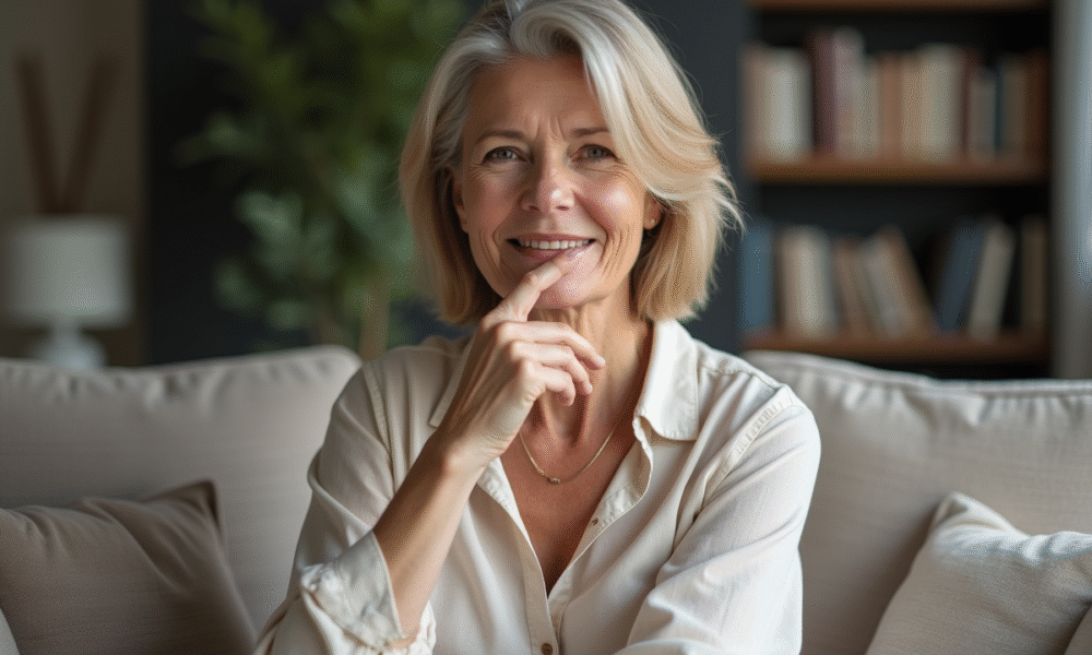 Femme d'âge moyen touchant sa lèvre dans un intérieur moderne