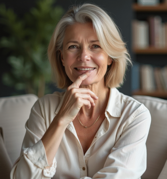 Femme d'âge moyen touchant sa lèvre dans un intérieur moderne