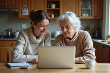 Femme moyenne age et sa mère âgée regardant un ordinateur