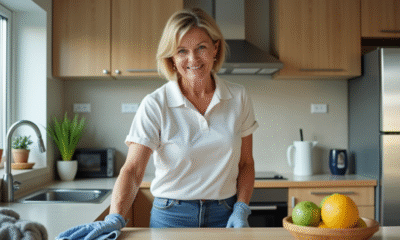 Femme nettoyant un plan de cuisine lumineux et moderne