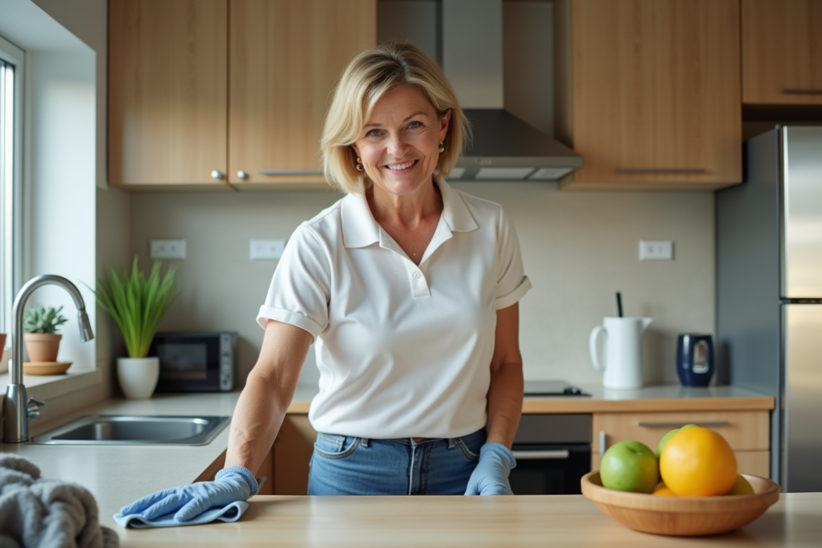 Femme nettoyant un plan de cuisine lumineux et moderne