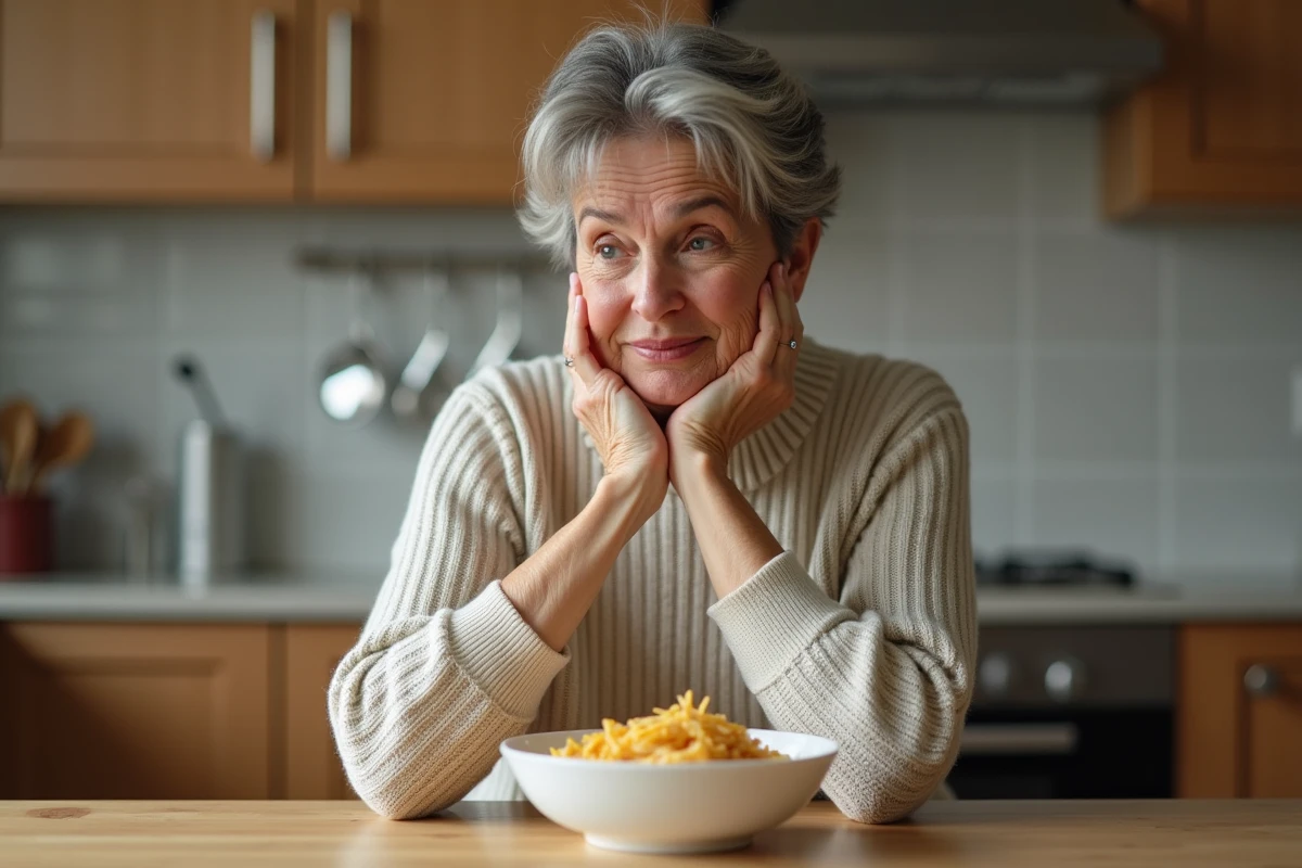Femme réfléchissant à un bol de pâtes dans une cuisine moderne