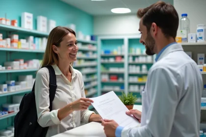Femme souriante à la pharmacie présentant un document