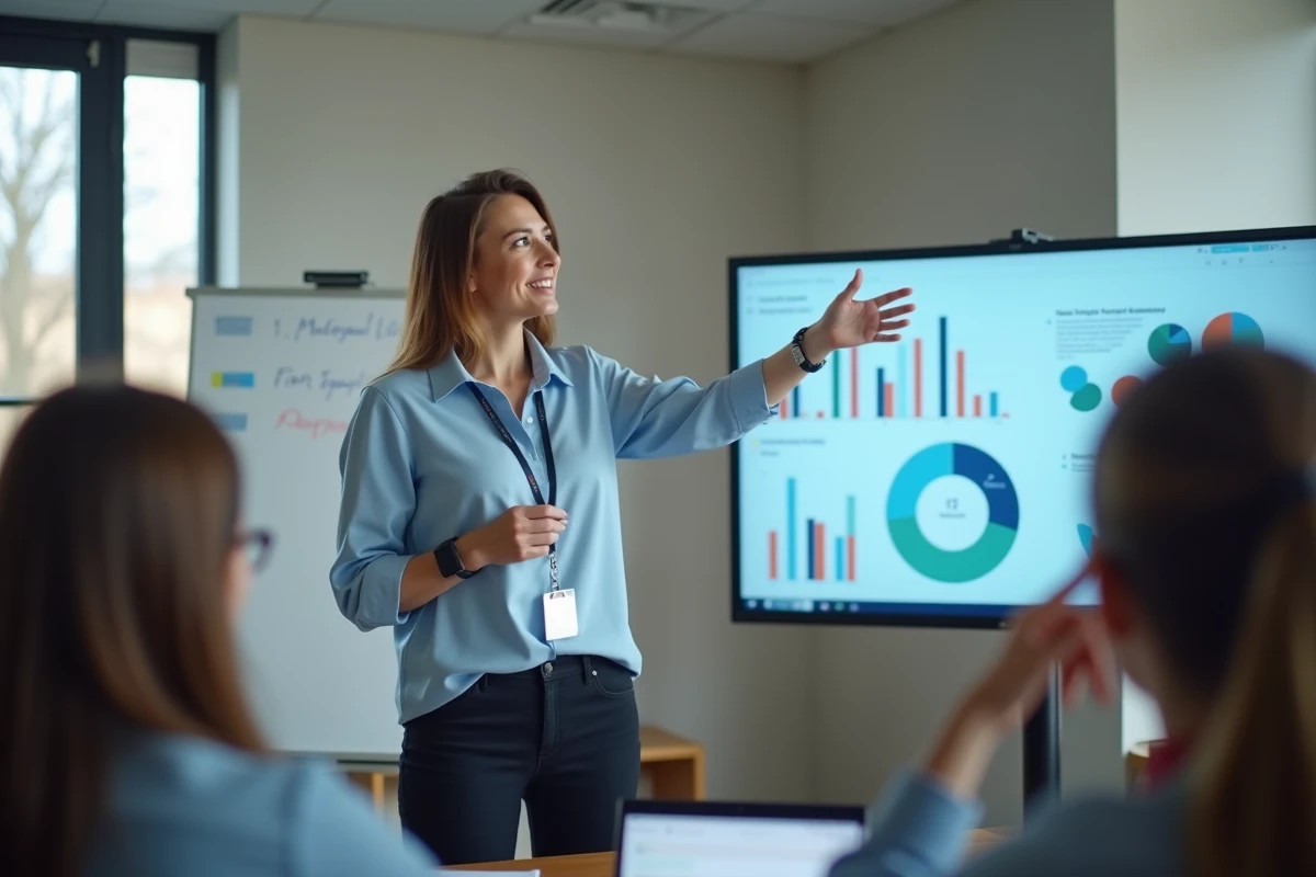 Femme confiante montrant un tableau de bord numérique
