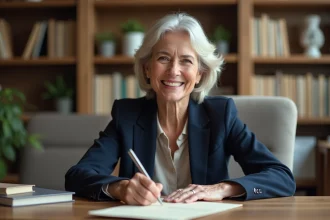 Femme cadre souriante rédigeant sa lettre de départ à la retraite à son bureau professionnel
