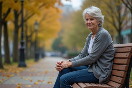 Femme d'âge moyen assise sur un banc dans un parc en automne