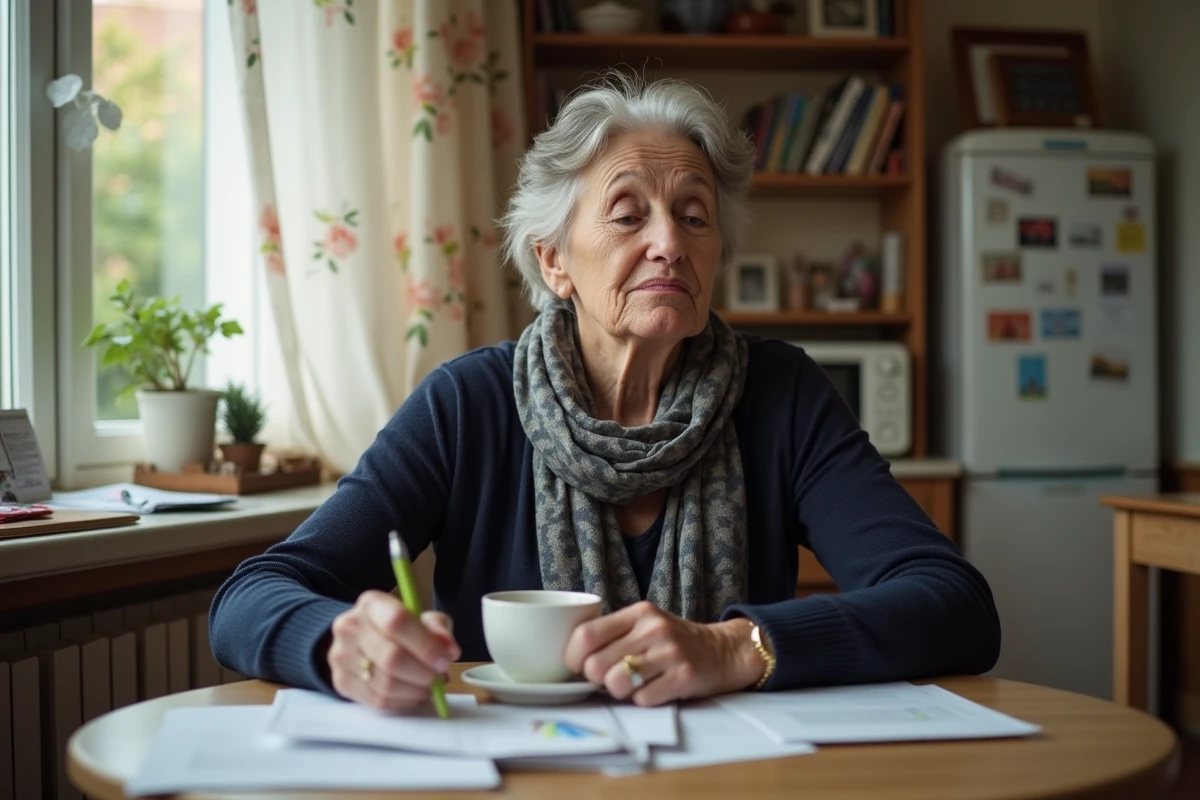 Femme âgée en cuisine avec papiers et tasse de thé