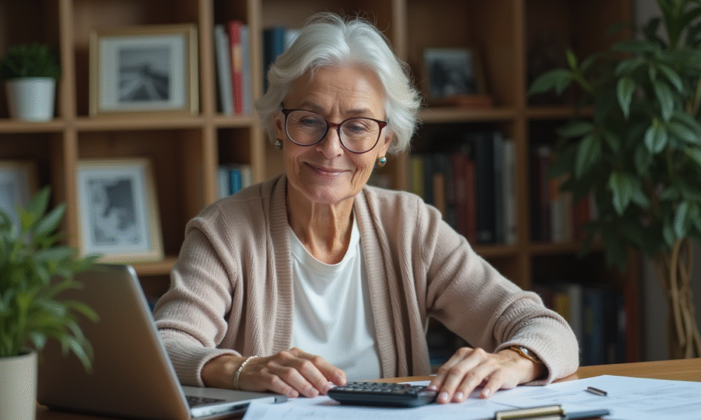 Femme d'environ 60 ans planifiant sa retraite à son bureau