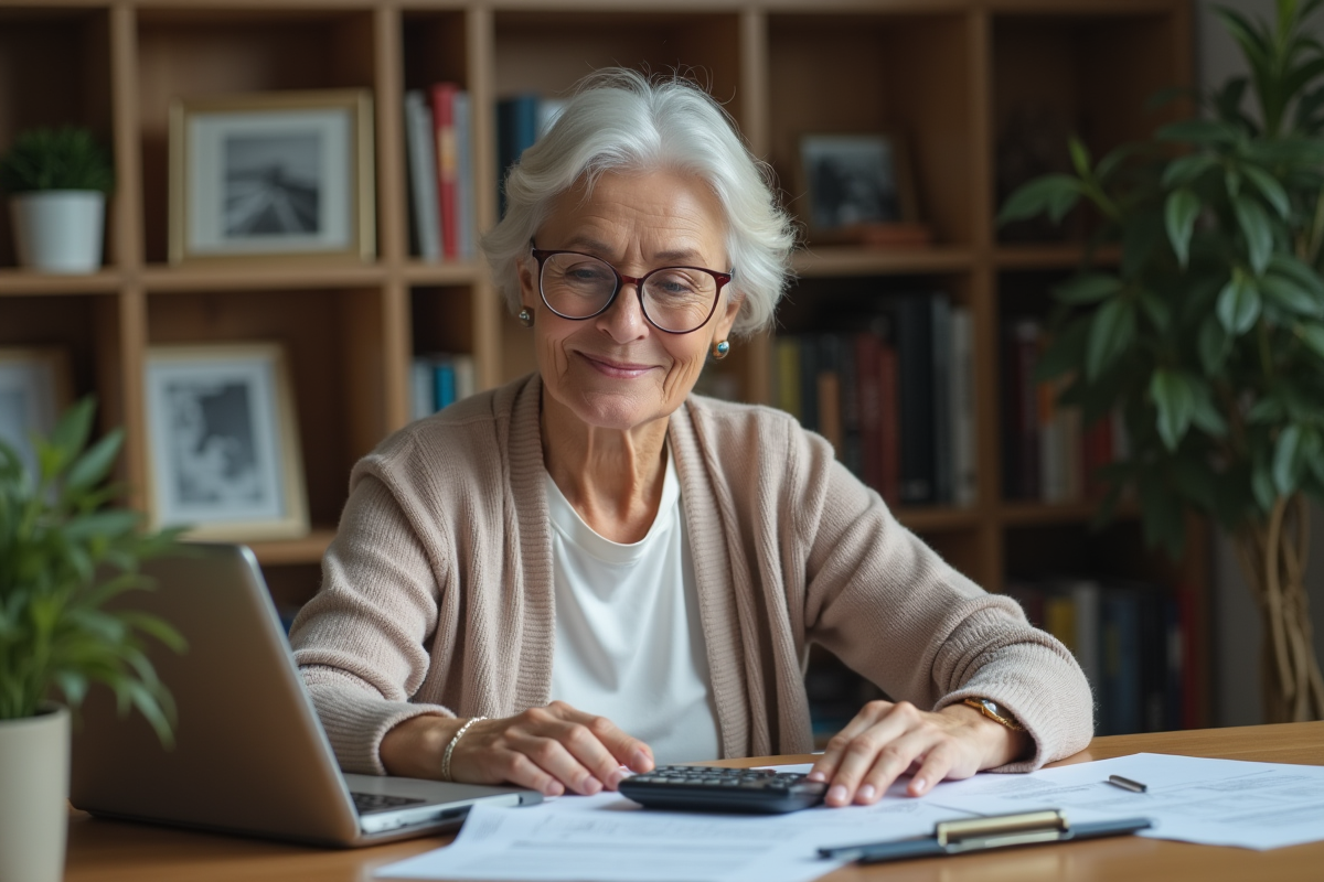 Femme d'environ 60 ans planifiant sa retraite à son bureau