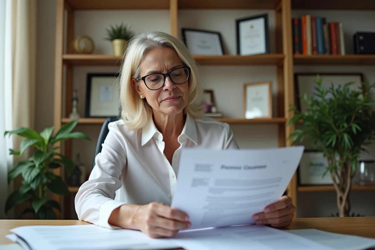 Femme d'une cinquantaine examine ses papiers de retraite