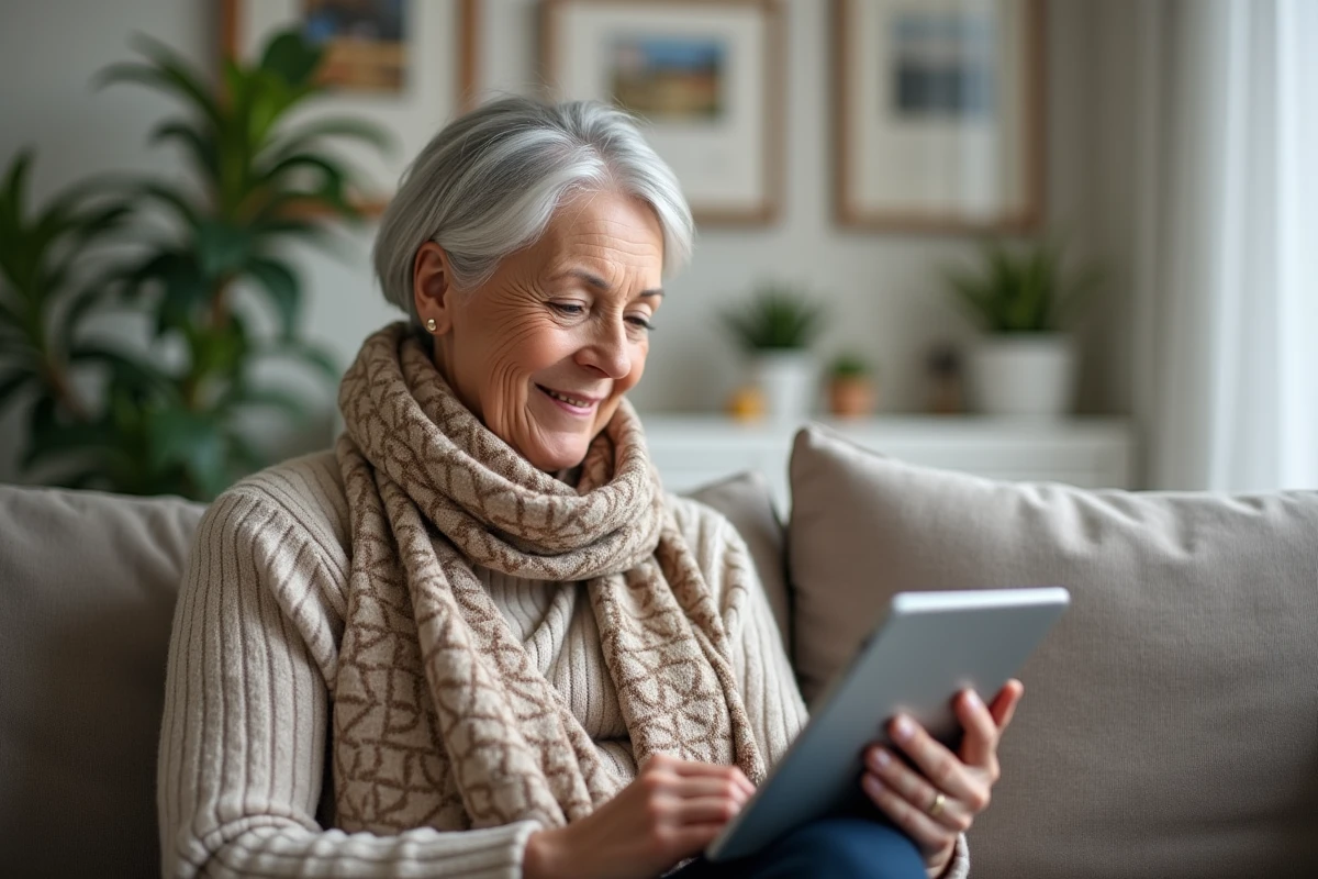 Femme âgée analysant ses chiffres de pension avec un sourire