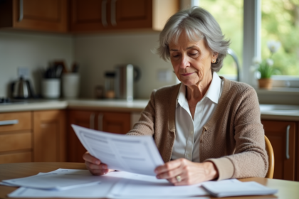 Femme d'âge moyen examine des papiers de retraite dans la cuisine