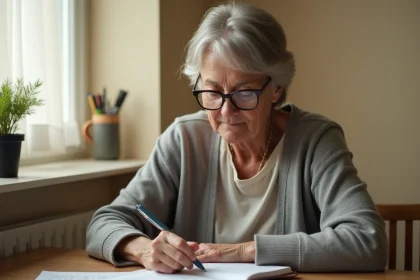Femme senior consultant un calendrier de versements AAH à sa table de cuisine en 2026
