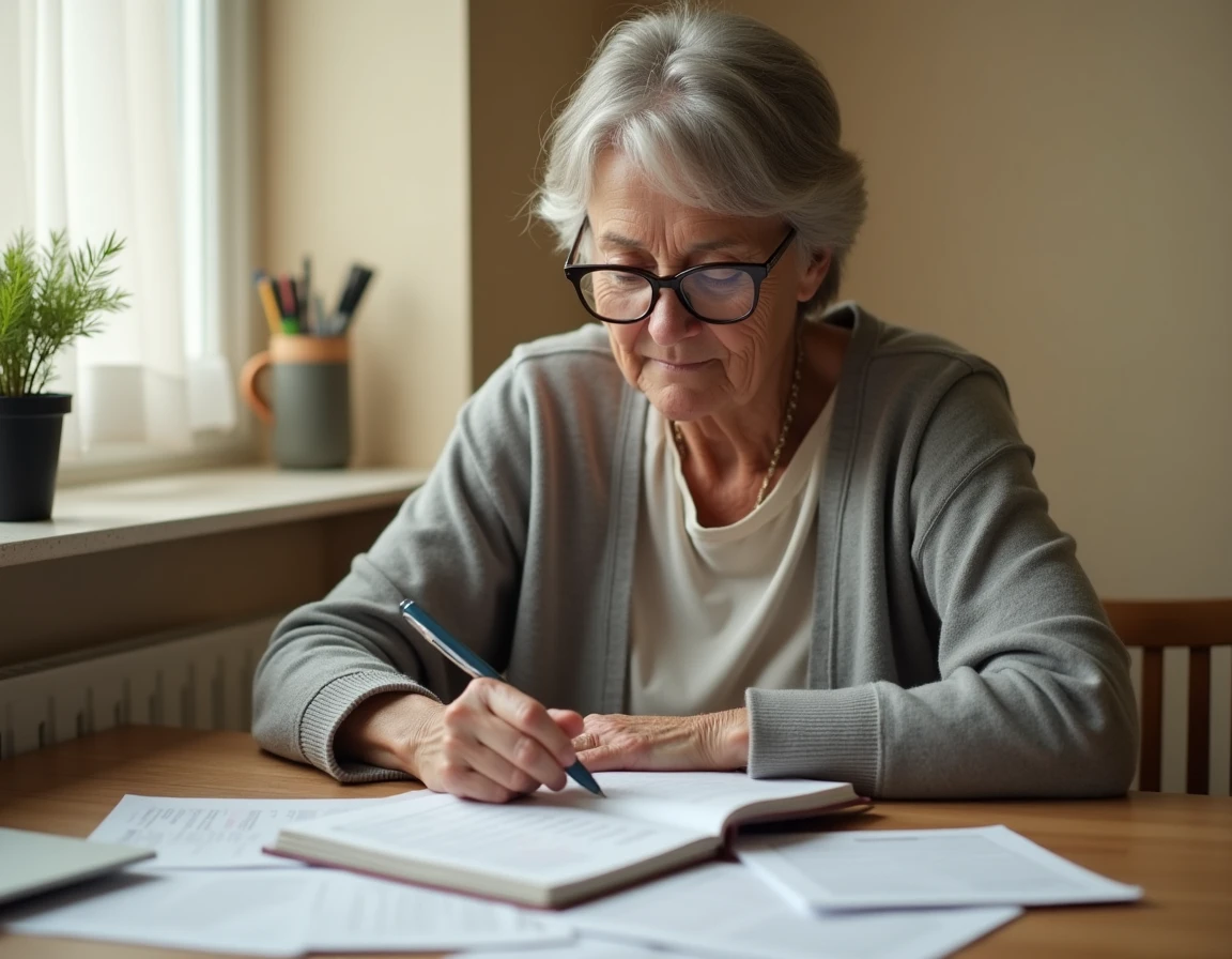 Femme senior consultant un calendrier de versements AAH à sa table de cuisine en 2026