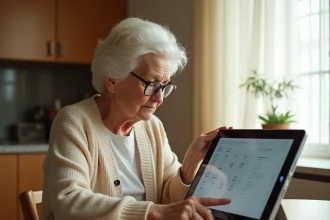 Une femme âgée utilisant un calendrier électronique à grand écran dans sa cuisine, idéal pour les seniors