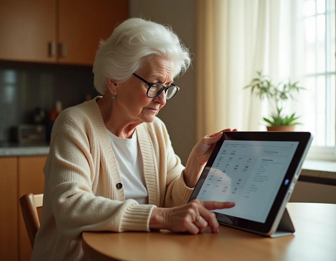 Une femme âgée utilisant un calendrier électronique à grand écran dans sa cuisine, idéal pour les seniors