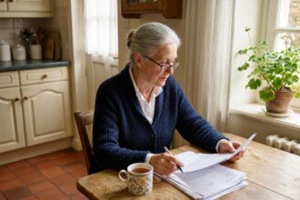 Femme senior aux cheveux argentés qui compare des contrats de mutuelle santé à sa table de cuisine, illustration du choix d'une mutuelle senior