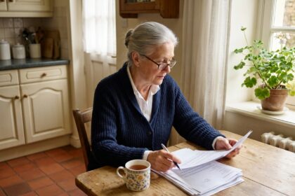 Femme senior aux cheveux argentés qui compare des contrats de mutuelle santé à sa table de cuisine, illustration du choix d'une mutuelle senior