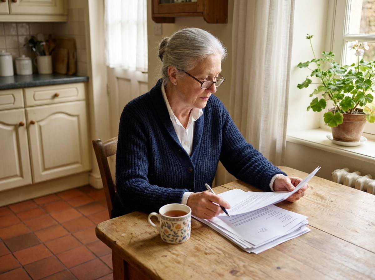 Femme senior aux cheveux argentés qui compare des contrats de mutuelle santé à sa table de cuisine, illustration du choix d'une mutuelle senior