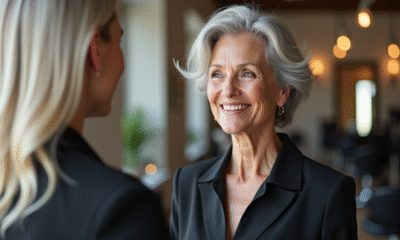 Femme senior souriante dans un salon de coiffure moderne