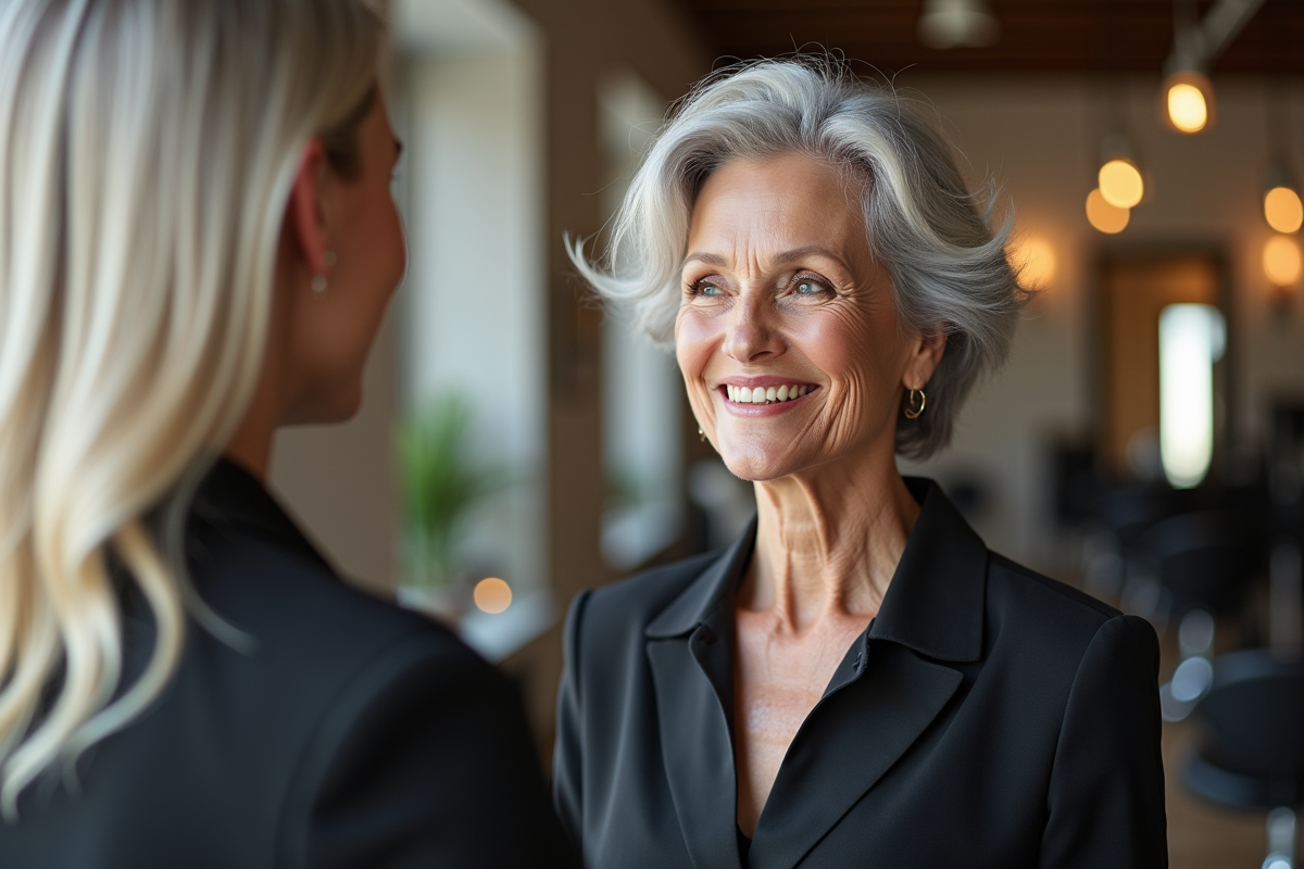 Femme senior souriante dans un salon de coiffure moderne