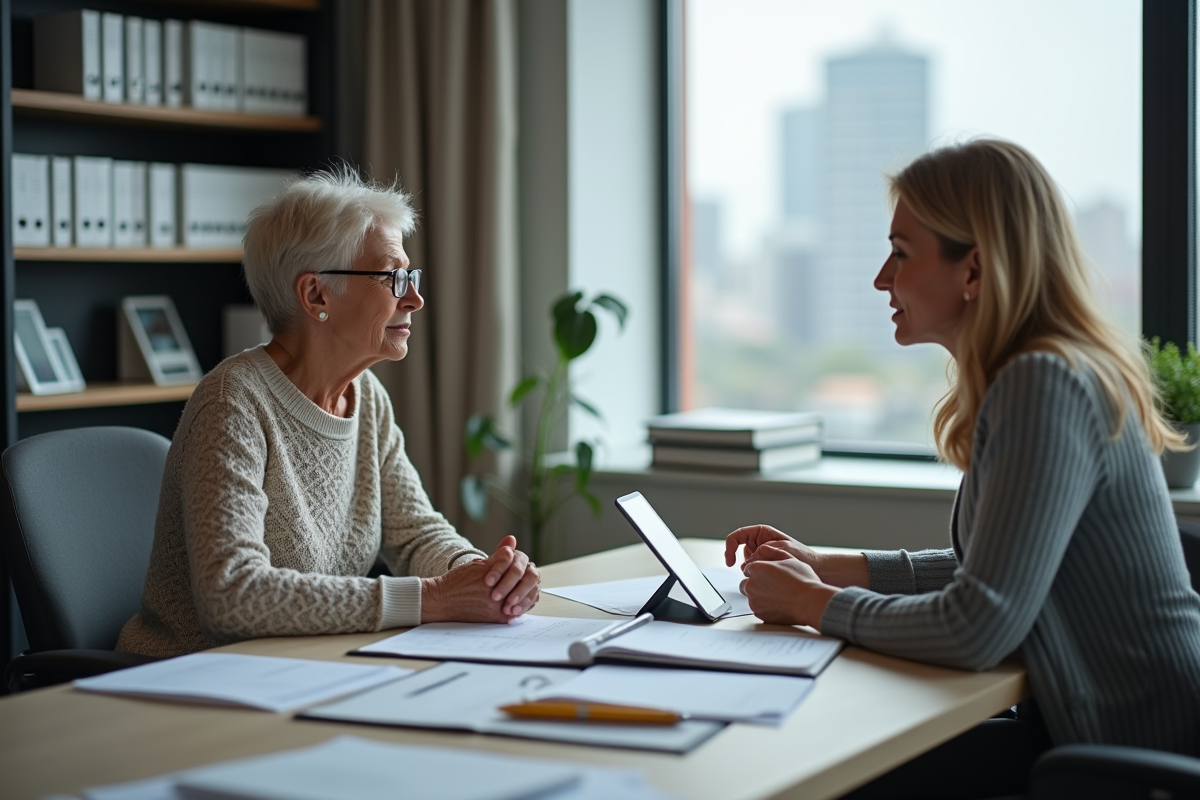 Femme senior rencontrant un conseiller financier dans un bureau