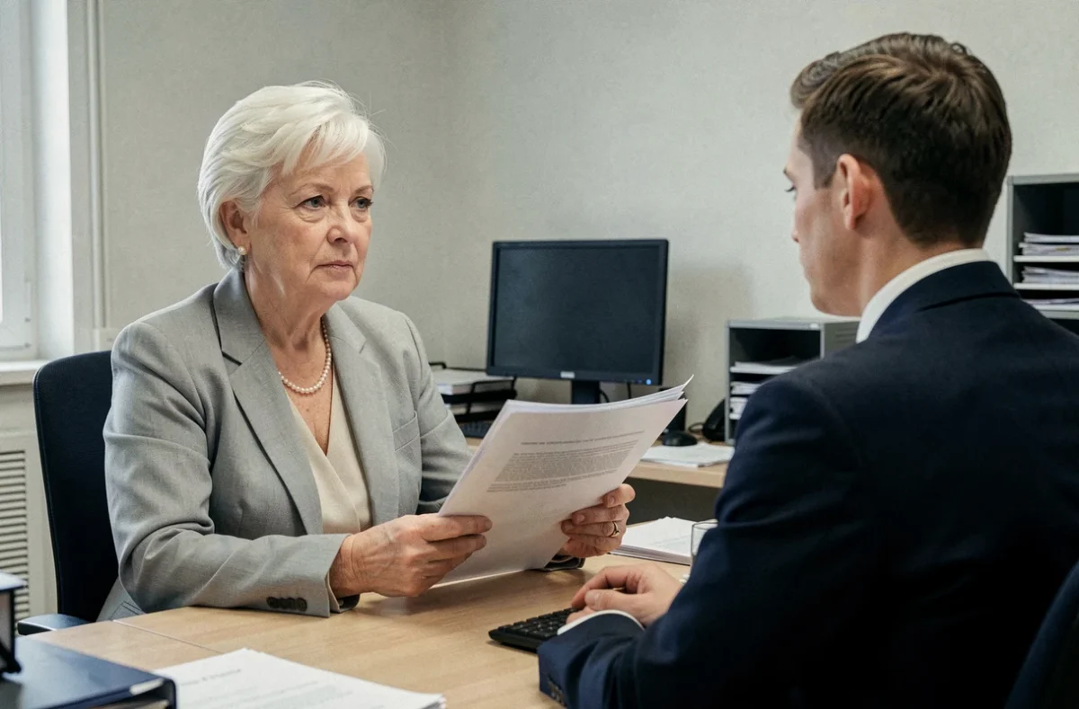 Femme âgée contestant une décision administrative concernant son permis de conduire dans une préfecture française