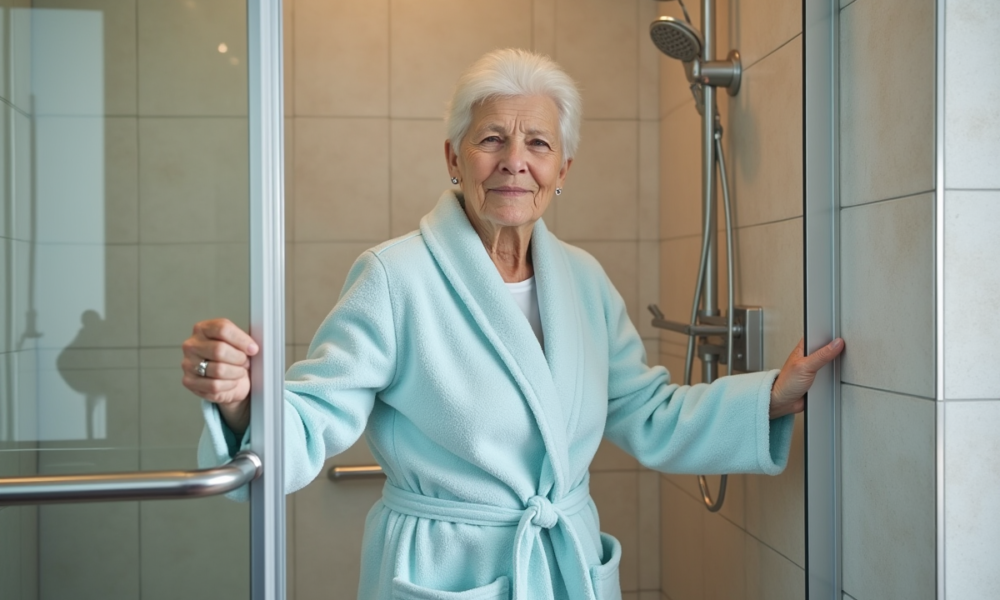 Femme senior dans la douche avec barre de maintien