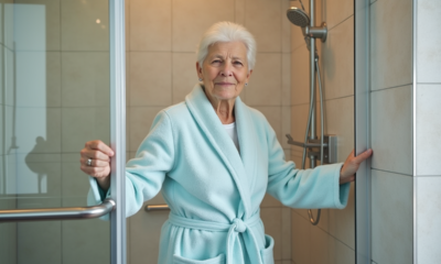 Femme senior dans la douche avec barre de maintien