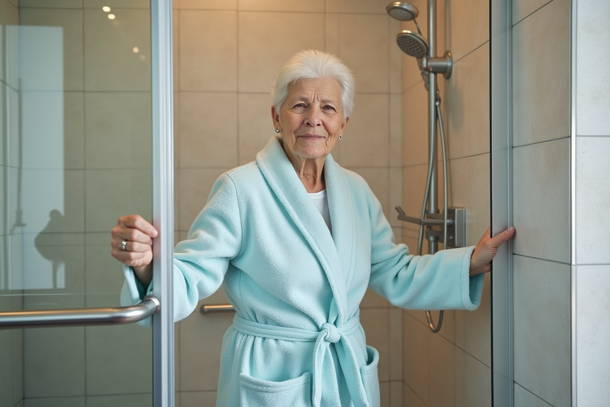 Femme senior dans la douche avec barre de maintien