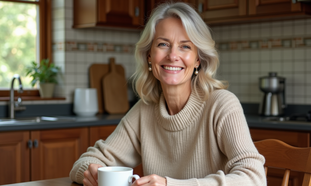 Femme senior souriante dans une cuisine chaleureuse