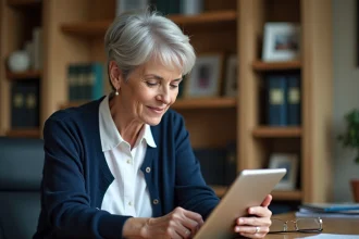 Femme senior utilisant une tablette pour gérer une tutelle à distance via l'application Mon Proxima